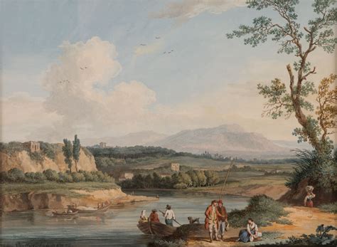 A Ferry With Figures In A Roman Landscape By Jacob Philipp Hackert