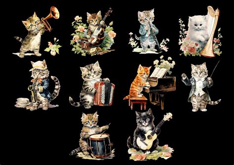 Cat Playing Music Instruments, 10 Vintage Clipart, Digital Download ...