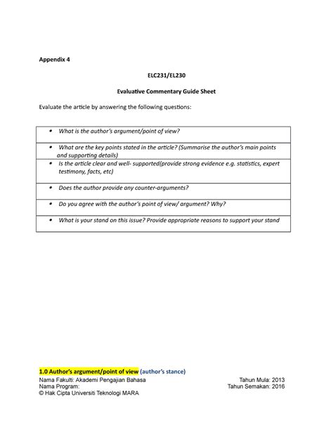 ELC231 Evaluative Commentary Guide Sheet Appendix 6 Appendix 4 ELC231