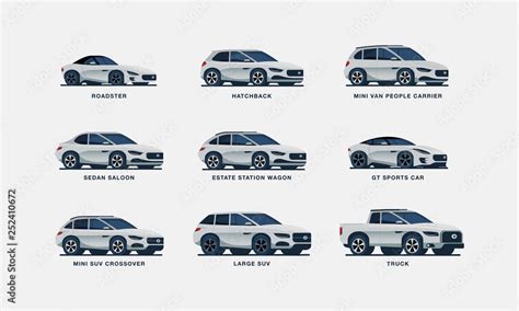 Set of nine clean illustrated cars, including sedan, suv, hatchback ...