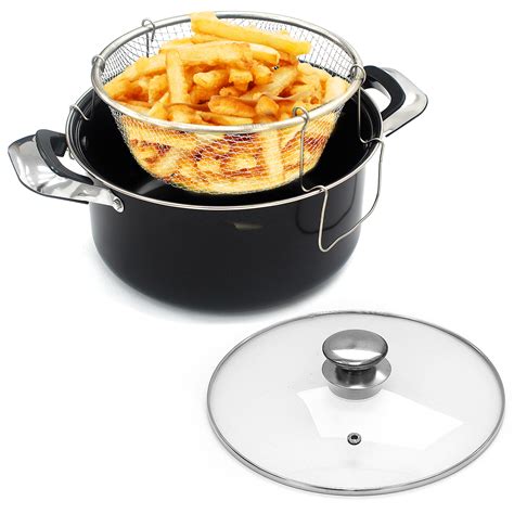 Chip Pan 24cm Deep Fat Fryer Non Stick Casserole Pot Fry Glass Lid