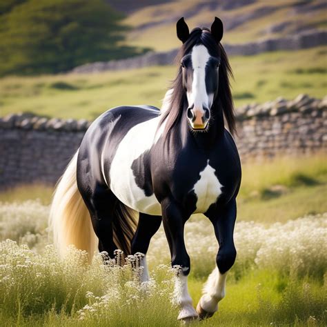 I want to see a black and white paint horse in a field with ... by ...