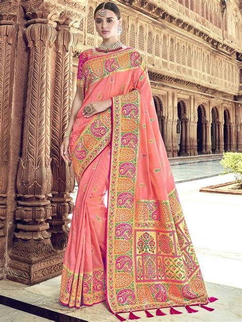 Light Pink Banarasi Silk Saree With Multi Colored Woven Pallu And