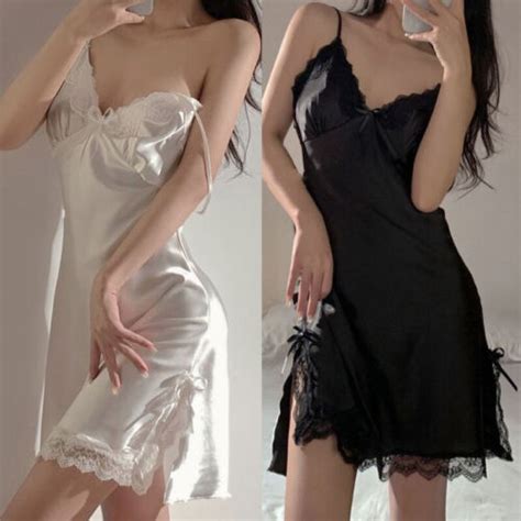 Sexy Women Satin Silk Lace Robe Slip Dress Lingerie Long Sleepwear Nightdress Ebay