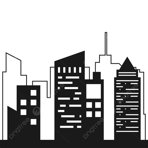 Black City Silhouette With Line Art Building Vector City Drawing