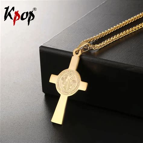 Kpop Katolik Saint Benedict Palang Charm Pendant Kalung Emas Warna Baja