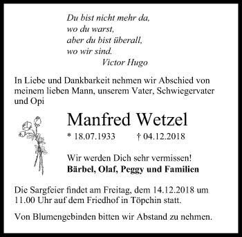 Traueranzeigen Von Manfred Wetzel Trauer Anzeigen De