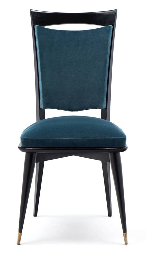 Mid-Century Modern Period Set of Six Teal Velvet Dining Chairs For Sale at 1stdibs