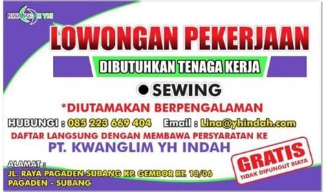 Lowongan Kerja Subang PT Kwanglim YH Indah Januari 2024 Terbaru LOKER