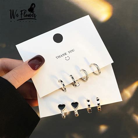 We Flower 4pcs Minimalist S925 Silver Black Heart Hoop Earrings Set For