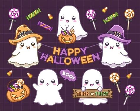 Cute Happy Ghost Clipart. Halloween Sign Chibi Ghoul Pumpkin - Etsy ...