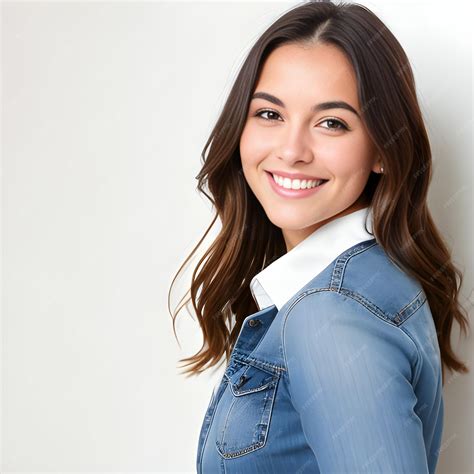 Premium Ai Image Portrait Of A Beautiful Young Woman In A Denim Jacket On A White Background