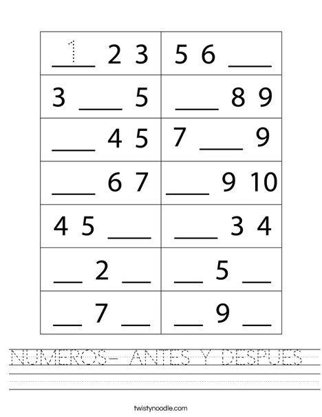 Numeros Antes Y Despues Worksheet Twisty Noodle Worksheets