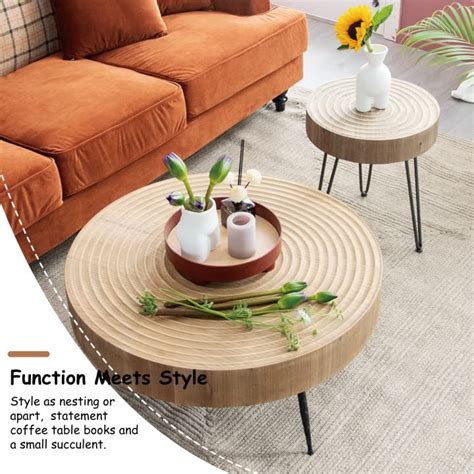 Cozayh 2 Piece Modern Farmhouse Living Room Coffee Table Set Nesting Table Round Natural Finish