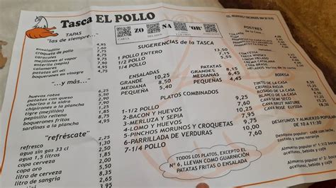 Carta De Restaurant Tasca El Pollo Benicasim Av Ferrandis Salvador