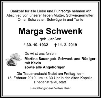 Traueranzeigen Von Marga Schwenk Nordwest Trauer De