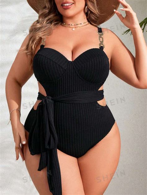 Shein Swim Curve Traje De Baño De Una Pieza Para Tallas Grandes Con Encaje Y Recorte Moda De