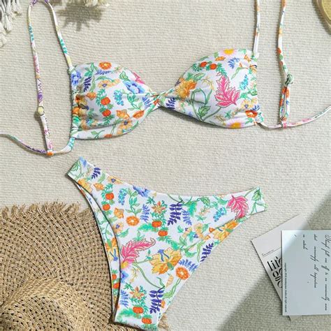 Floral Print Padded Bikini With Adjustable Straps On Luulla