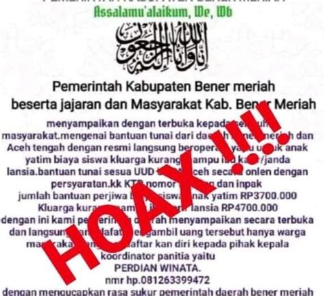 Informasi Bantuan Uang Tunai Mengatasnamakan Pemkab Bener Meriah Hoaks