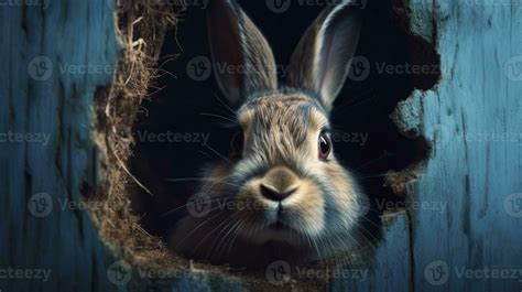 Curious Easter Bunny Peeking Out Of Blue Wall Hole 29978281 Stock Photo