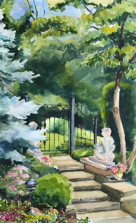 Path Leading To A Home With Beautiful Gardens Garden Watercolor