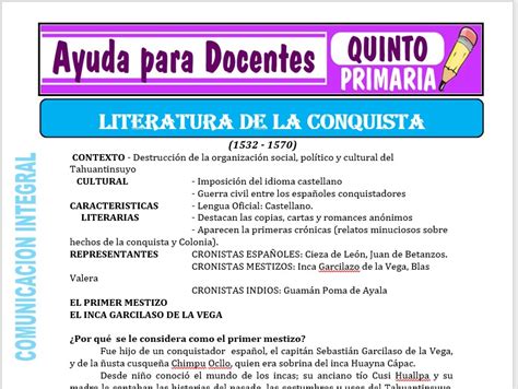 Literatura De La Conquista Para Quinto De Primaria Ayuda Para Docentes