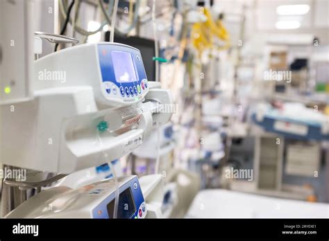 Medical Device In UK NHS EMS ICU Hospital Room Infusion Pump Dripping