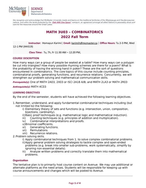 Math 3U03 Combinatorics F2022 We Recognize And Acknowledge That