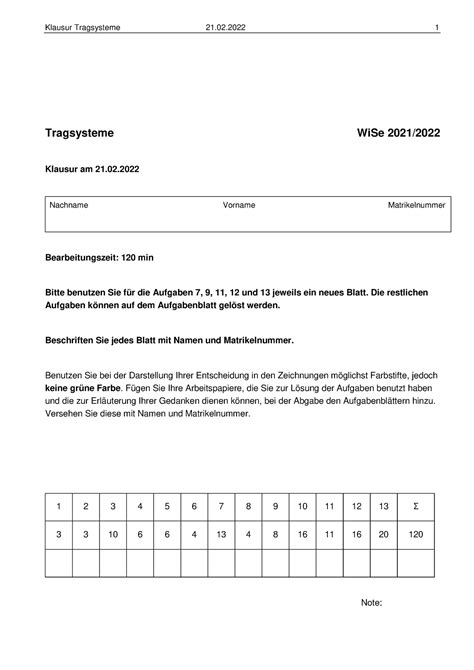 Klausur WS 21 22 Tragsysteme WiSe 2021 Klausur Am 21 Nachname