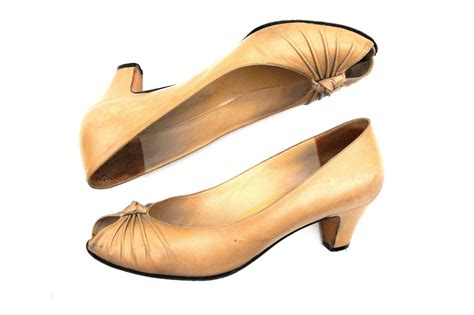 1950s Nude Kitten Heels Evins Ruched Knot Peep Toe Pu Gem