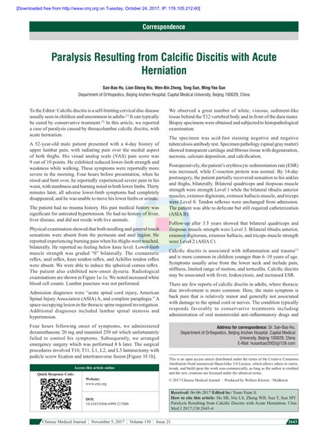 Pdf Paralysis Resulting From Calcific Discitis With Acute Herniation