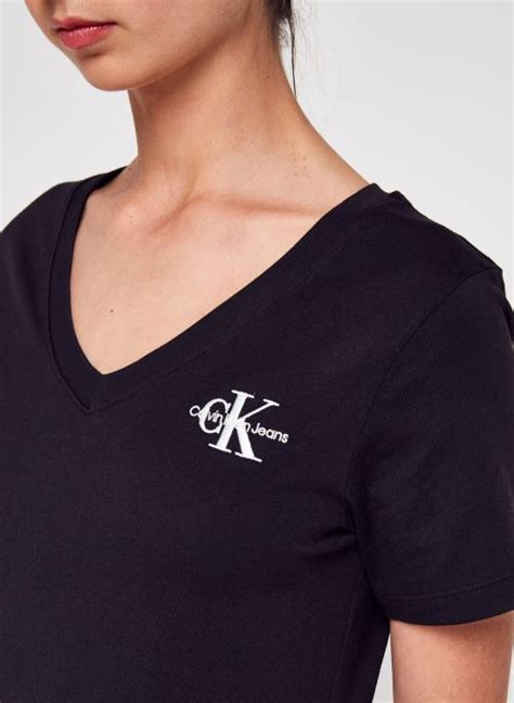 Calvin Klein Jeans Monogram Logo Slim V Neck Tee Zwart Kleding Chez