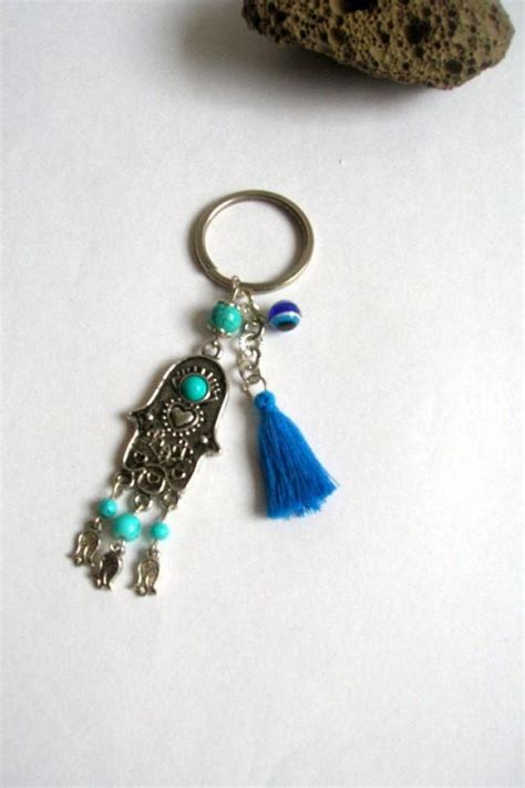 Hamsa Hand Keychain Blue Tassel Keychain Evil Eye Keychain Hamsa Blue Eye Keychain Beaded