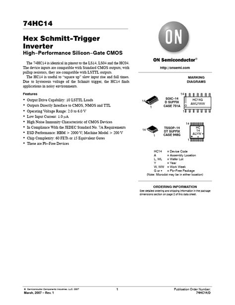 74hc14 On Semiconductor Inverter Hoja De Datos Ficha Técnica