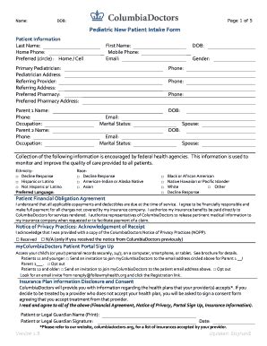 Fillable Online Pediatric New Patient Intake Form Columbia