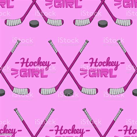 Vector Hockey Girl Lettering Ice Hockey Stick With Puck Seamless Pattern Ice Hockey Sports