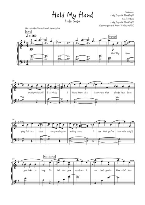 Hold My Hand Arr YOJA Music By Lady Gaga Sheet Music For Piano Solo