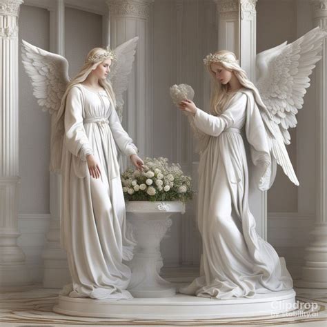 Two Angel Statues Standing Next To Each Other In Front Of A Vase With