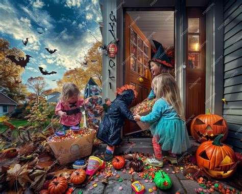 Children in costumes eagerly await halloween candy on porch reaching