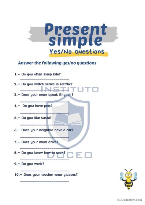 Yes No Questions Present Simple English Esl Worksheets Pdf Doc