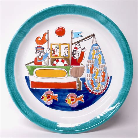 Ceramiche Di Sicilia Round Serving Wall Platter With Fishermen