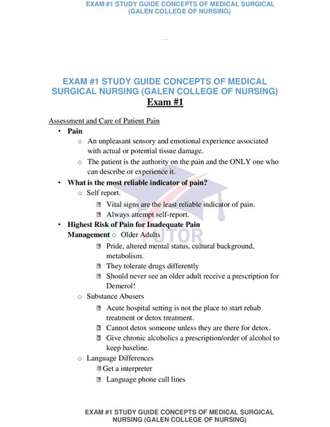 EXAM 1 STUDY GUIDE CONCEPTS OF MEDICAL SURGICAL NURSING GALEN COLLEGE