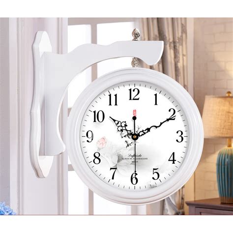 Double Sided Wall Clock White Brown Wood Hanging Large 16 Inch