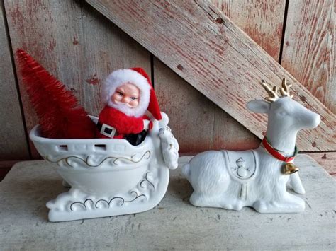 Vintage Ceramic Santa Claus Sleigh Reindeer White Gold Trim Etsy