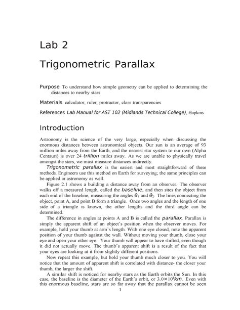 Lab 2 Lab Lab 2 Trigonometric Parallax Purpose To Understand How Simple Geometry Can Be