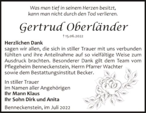 Traueranzeigen Von Gertrud Oberl Nder Abschied Nehmen De