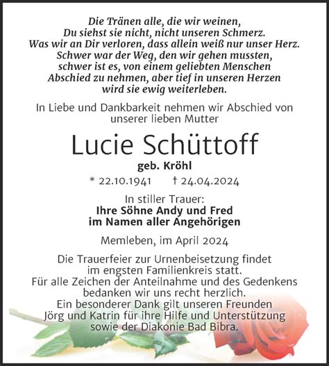 Traueranzeigen Von Lucie Sch Ttoff Abschied Nehmen De