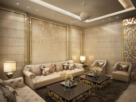 Formal Drawing Room Interior Design With Plush Rugs And Gold Plated Frames