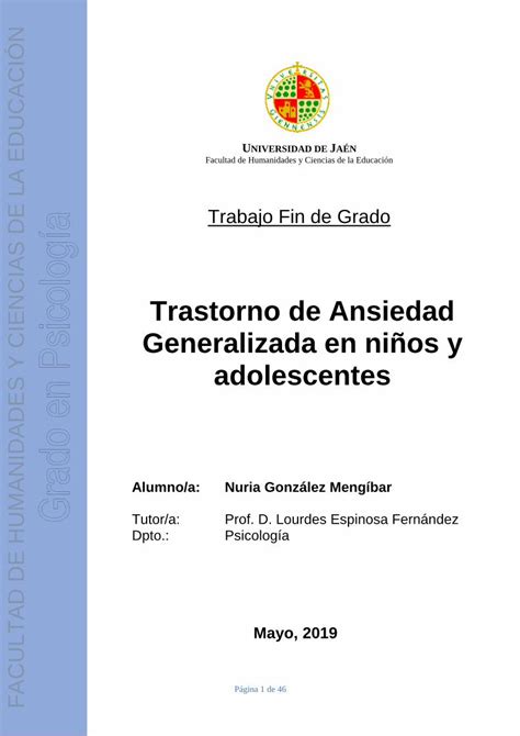 Pdf Trastorno De Ansiedad Generalizada En Ni Os Y Adolescentestauja