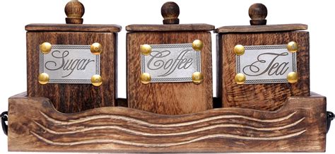 WILLART Wooden Tea Coffee And Sugar Canisters Set Tea Caddy